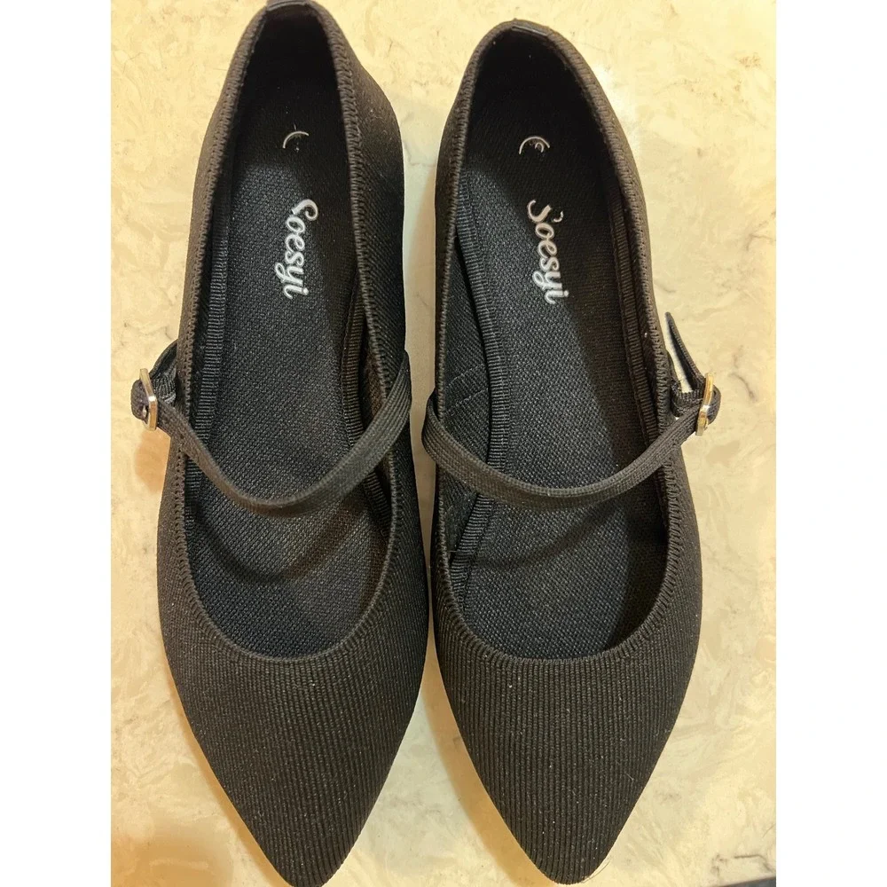 Soesyi Black Knit Pointed Toe Mary Jane Flats Buckle Strap Shoes Womens Size 8.5